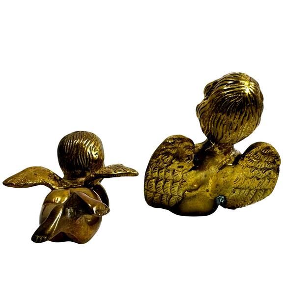 Heavy Brass Pair of Cherubs-Adorable Shelf Sitter and Reclining Styles! - Picture 4 of 7